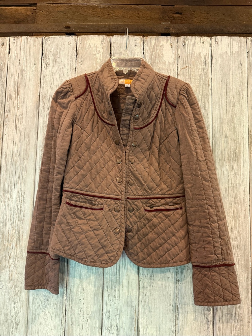 Tulle Quilted Taupe Puffer Jacket with Burgundy Trim